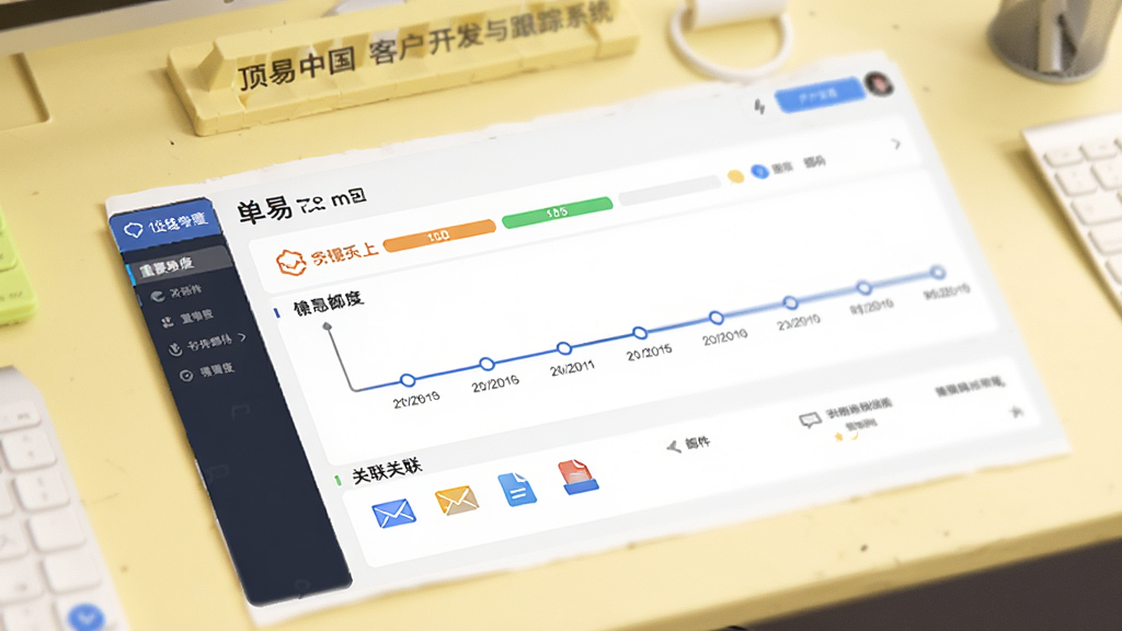 顶易中国客户开发与跟踪系统的客户管理界面,中间显示单个客户的时间轴,上方为重要程度标记,下方为关联的邮件与文件图标,背景为淡黄色工作台,线条简洁,信息层级分明,风格清爽,画质高