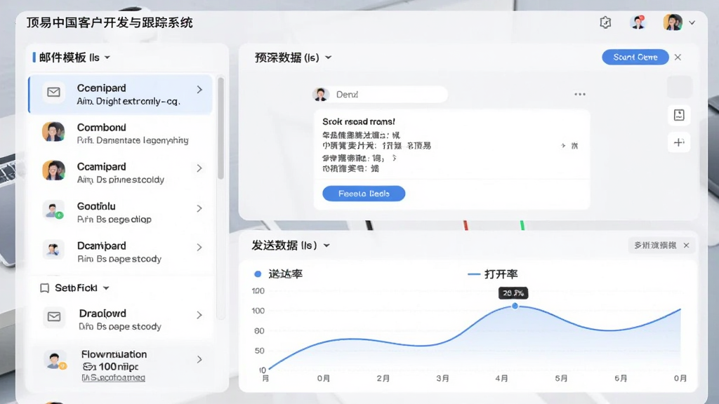 展示顶易中国客户开发与跟踪系统邮件营销界面,左侧为邮件模板列表,右侧为预览窗口,下方显示发送数据图表,包含送达率、打开率曲线,整体UI采用浅色卡片式设计,圆角元素,专业商务风,画质清晰