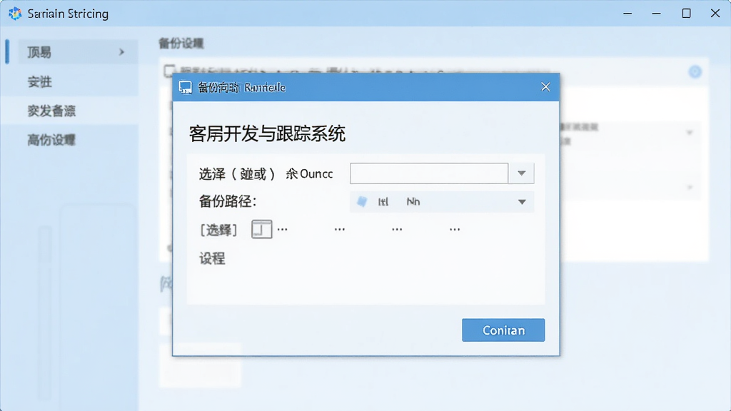 展示顶易中国客户开发与跟踪系统的数据备份操作流程,界面显示备份向导,有选择备份路径与确认按钮,背景为系统设置窗口,整体为浅蓝色调,教程风格,画质清晰,无多余元素