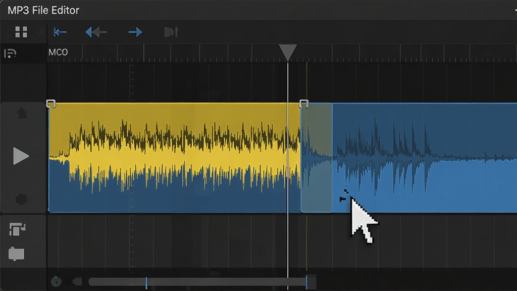 主体为“MP3 File Editor”软件音频剪辑操作界面特写,布局为时间轴放大后的波形图,有黄色与蓝色区域分别代表选中与删除部分,鼠标指针正拖拽裁剪手柄,背景为深色轨道网格,风格专业且具科技感,细节展示毫秒级剪辑精度,画质干净无多余元素