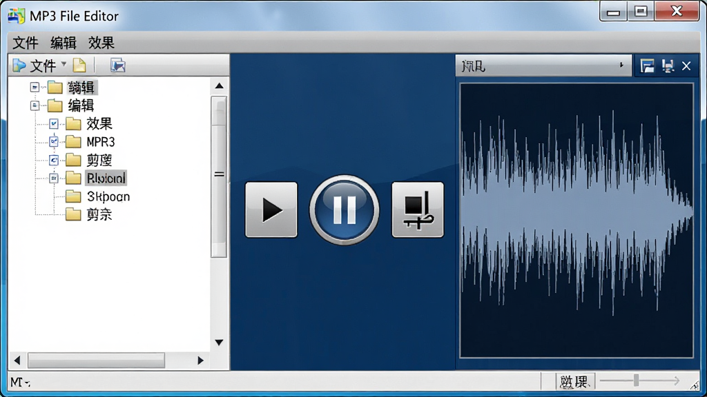 主体为“MP3 File Editor”软件界面运行预览图,布局为经典的Windows桌面软件窗口,左侧为文件列表树状图,右侧为音频波形显示区域,中心有醒目的播放/暂停/停止与剪辑按钮,整体以深蓝色与银灰色为主调,风格现代简约,画质清晰锐利,界面文字如“文件”“编辑”“效果”清晰可读,干净无多余元素