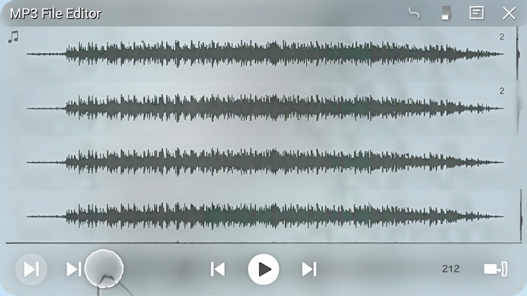 主体为“MP3 File Editor”软件在安卓手机上的运行截图,布局为手机竖屏界面,屏幕内显示音频波形列表,底部有播放控制条,背景为磨砂玻璃效果,风格简洁清新,画面聚焦于触控操作细节,画质干净无多余元素
