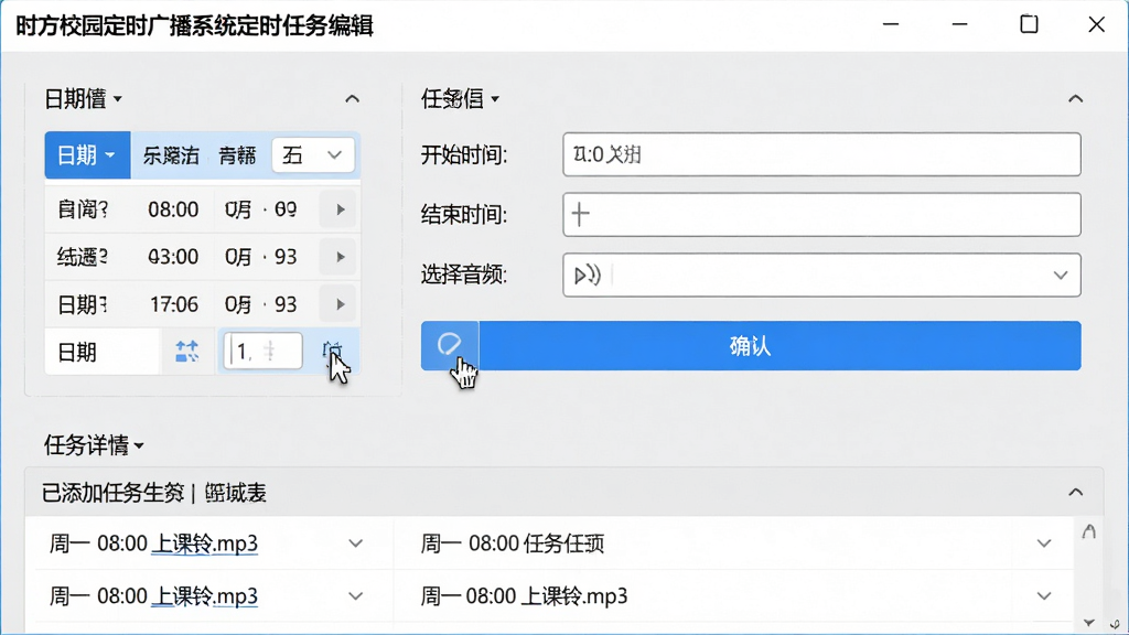 主体:时方校园定时广播系统的定时任务编辑窗口。布局:左侧为日期选择器,右侧为任务详情表单,下方为已添加的任务列表。排版:表单中包含“开始时间”、“结束时间”、“选择音频”等输入框及蓝色确认按钮。风格:扁平化设计,浅灰底色配以蓝色高亮按钮。细节:任务列表中显示“周一 08:00 上课铃.mp3”等示例条目,鼠标指针悬停在保存按钮上。画质:精细UI界面截图风格,高分辨率,无多余元素