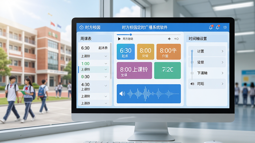 主体:时方校园定时广播系统软件界面运行在电脑显示器上,旁边有学校建筑背景。布局:主界面占据画面中心,左侧显示周课表列表,右侧为时间轴设置面板。排版:界面清晰展示6:30起床铃、8:00上课铃等彩色时间块。风格:明亮简洁的科技风,蓝白配色,光线通透。细节:屏幕中可见播放进度条和音量波形图,背景教学楼有学生走动。画质:8K超清,干净整洁,无多余杂物