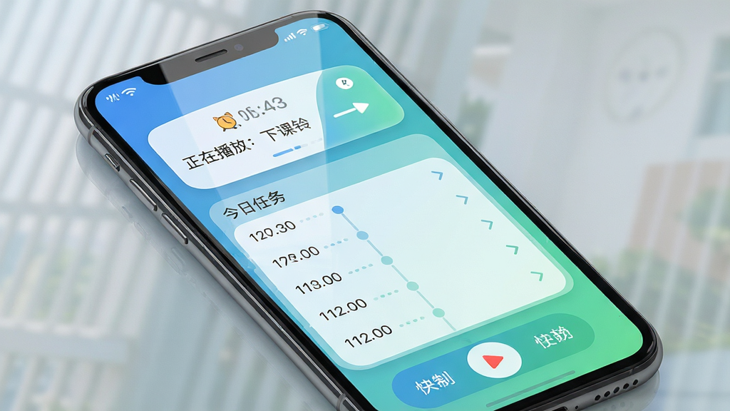 主体:时方校园定时广播系统在手机端的管理界面。布局:手机竖屏显示,上方为当前播放状态卡片,中部为今日任务列表,底部为快捷控制按钮。排版:状态卡片显示“正在播放:下课铃”,任务列表以时间轴形式排列。风格:清爽的蓝绿渐变背景,圆角卡片设计。细节:手机顶部状态栏显示WiFi连接图标,屏幕反射柔和光线。画质:高清手机UI展示图,构图干净,无多余元素