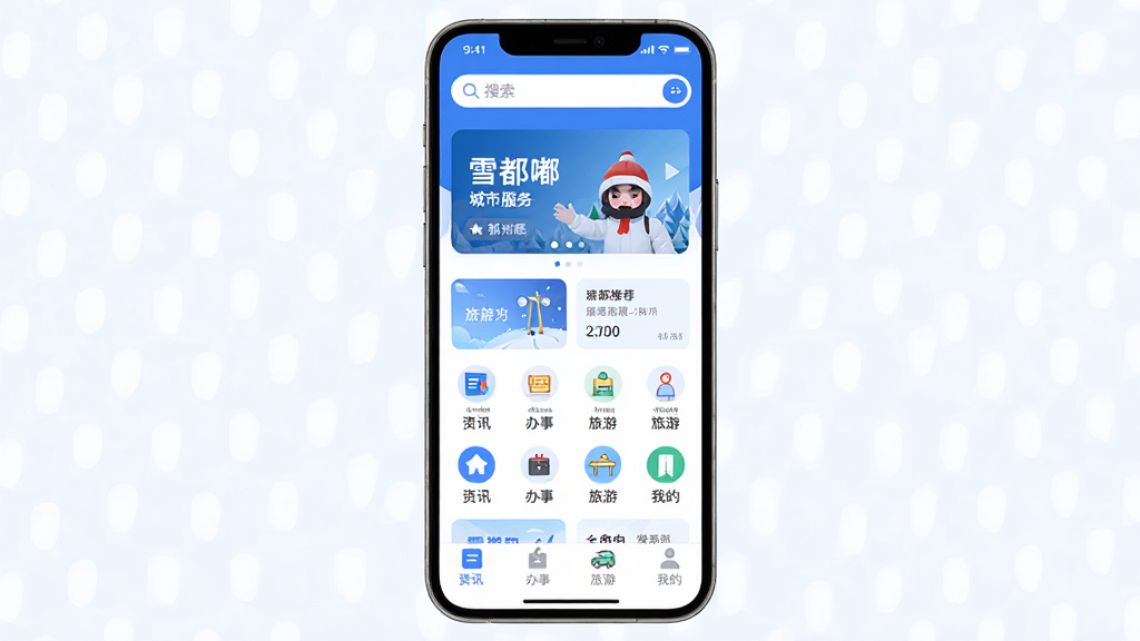 主体:雪都嘟APP主界面预览图,展示城市服务卡片与旅游推荐模块;布局:手机屏幕居中,界面元素清晰排列,上方为搜索栏与轮播图,下方为功能图标网格;排版:现代化UI设计,信息层级分明,色彩以蓝白为主;风格:扁平化、简洁明亮;细节:屏幕中显示“雪都嘟”字样,图标包含资讯、办事、旅游、我的四个底部导航;画质:高清渲染,干净,无多余元素。