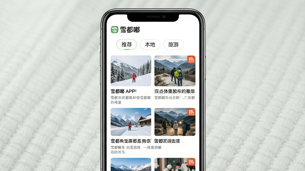 主体:雪都嘟APP资讯频道页面,展示新闻列表与分类标签;布局:手机竖屏界面,顶部为“推荐”“本地”“旅游”等标签栏,下方是图文卡片列表;排版:信息流式布局,每张卡片包含缩略图与标题摘要;风格:清新自然,色彩淡雅;细节:页面左上角有“雪都嘟”Logo,部分卡片带有“热”字角标;画质:细腻清晰,干净,无多余元素。