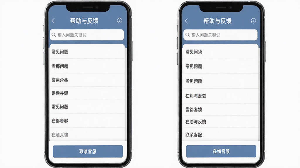 主体:雪都嘟APP“帮助与反馈”页面,包含常见问题列表与在线客服按钮;布局:手机竖屏界面,上方为搜索框,下方为问题分类列表,底部有“联系客服”按钮;排版:简洁清晰,列表项之间有明显分隔线;风格:扁平化,配色以蓝灰为主;细节:页面标题为“帮助与反馈”,搜索框提示语为“输入问题关键词”;画质:干净,无多余元素。