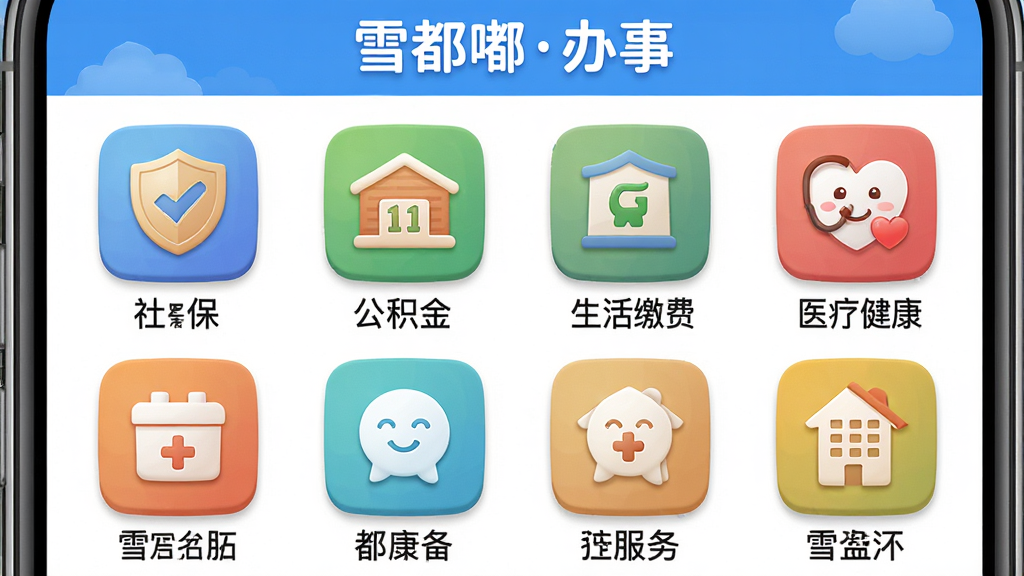 主体:雪都嘟APP办事服务页面,展示各类民生服务图标;布局:手机界面,功能图标以网格形式排列,每个图标下方配有文字;排版:整齐有序,图标大小一致,色彩鲜艳;风格:拟物化与扁平化结合,亲和力强;细节:服务图标包括社保、公积金、生活缴费、医疗健康等,顶部显示“雪都嘟办事”字样;画质:高分辨率,干净,无多余元素。
