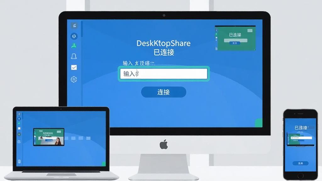 ���壺DeskTopShare���ڽ������ӵĽ��棬��Ļ��ʾ������롰���ӡ���ť���Ա���һ̨�ʼǱ����Ժ�һ���ֻ������֣�������Ļռ�ݻ������룬�ֻ������½ǣ�����Ϊǳ��ɫǽ�ڡ��Ű棺����Ԫ��ˮƽ���У�����������ʾ����񣺱�ƽ����ƣ�ɫ�����£�����ɫΪ��ɫ����ϸ�ڣ����ӳɹ�����Ļ���֡������ӡ���ʾ������ʾԶ����������ͼ�����ʣ��ɾ����޶���Ԫ�ء�