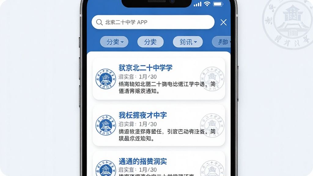 ���壺������ʮ��ѧAPP����Ѷҳ�棬չʾ����֪ͨ�б���ÿ��֪ͨ���б��⡢���ںͼ�Ҫ���ݣ����֣��б�ʽ���֣��Ϸ�Ϊ�������ͷ���ɸѡ��ǩ���Ű棺������򣬷����������磬������ɫ��ϸ�ڣ�֪ͨ��ƬԲ����ƣ�����ѧУУ��ˮӡ�����ʣ������������ɾ��޶���Ԫ��
