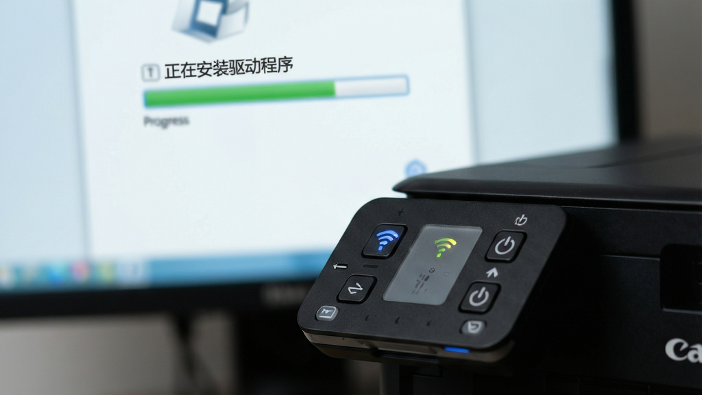 一张特写镜头图片,主体是一台黑色佳能打印机正面一角,焦点集中在打印机控制面板的Wi-Fi指示灯和电源键上。画面背景虚化,隐约可见电脑屏幕上显示的驱动安装进度条。布局为对角线构图,打印机位于右下角延伸至左上角,排版富有动感。风格为科技感十足的数码产品摄影,细节上指示灯发出柔和的蓝光,进度条显示为“正在安装驱动程序”,画质清晰锐利,干净无多余元素。