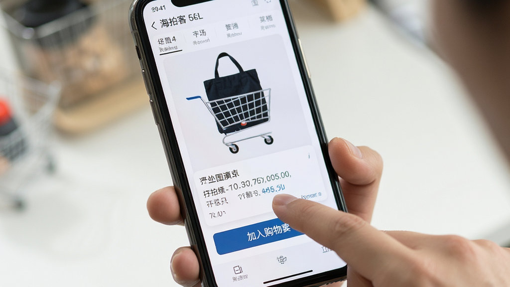 海拍客手机端操作演示图,主体为手持手机点击商品加入购物车,布局采用特写镜头,风格真实自然,细节展示屏幕内操作步骤,画质高清干净。