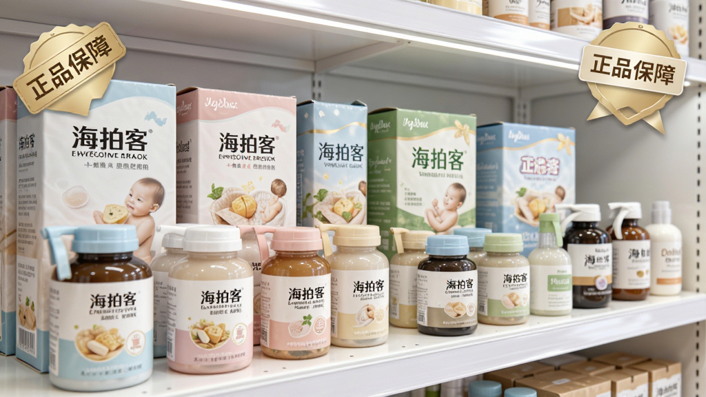 海拍客正品货源展示图,主体为多个知名母婴品牌商品整齐排列,带有“正品保障”标签,布局采用货架式排列,风格写实明亮,细节突出品牌Logo与包装,画质高清干净。