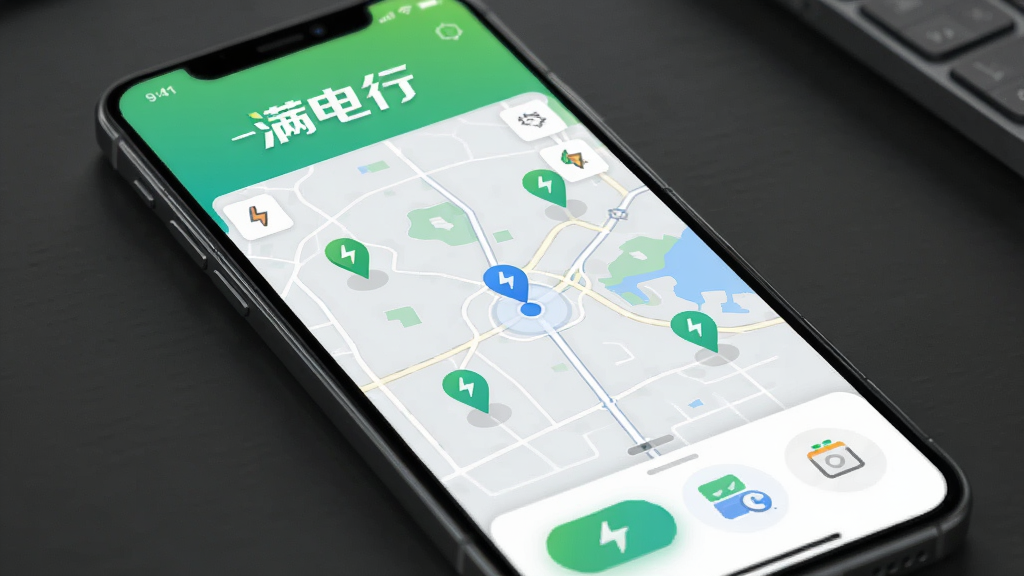 图片展示满电行手机App主界面,界面顶部显示“满电行”品牌Logo与绿色渐变背景,中部为地图导航页面,分布多个充电站图标,底部为功能按钮栏,整体采用简洁商务风格,排版清晰,UI设计现代,色彩明亮,画质干净无多余元素,突出充电管理核心功能。