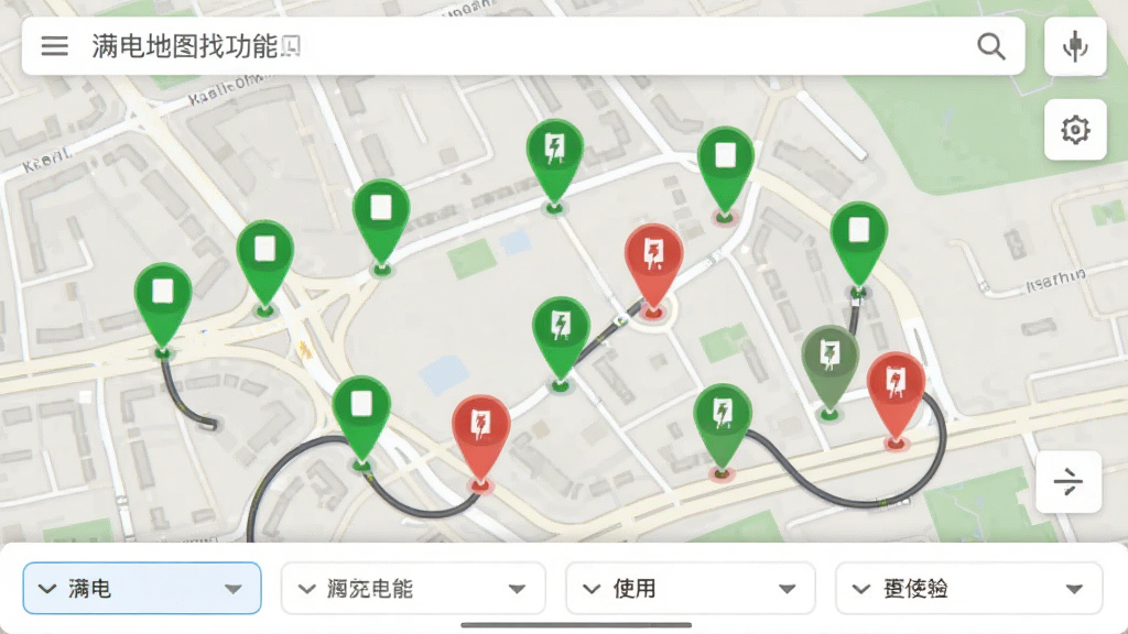 展示满电行地图找桩功能截图,画面中央为街道地图,分布多个彩色充电站标记,其中空闲站点显示绿色,使用中显示红色,底部有筛选列表,顶部有搜索栏,整体风格写实清晰,UI布局合理,画质细腻干净,无多余元素。