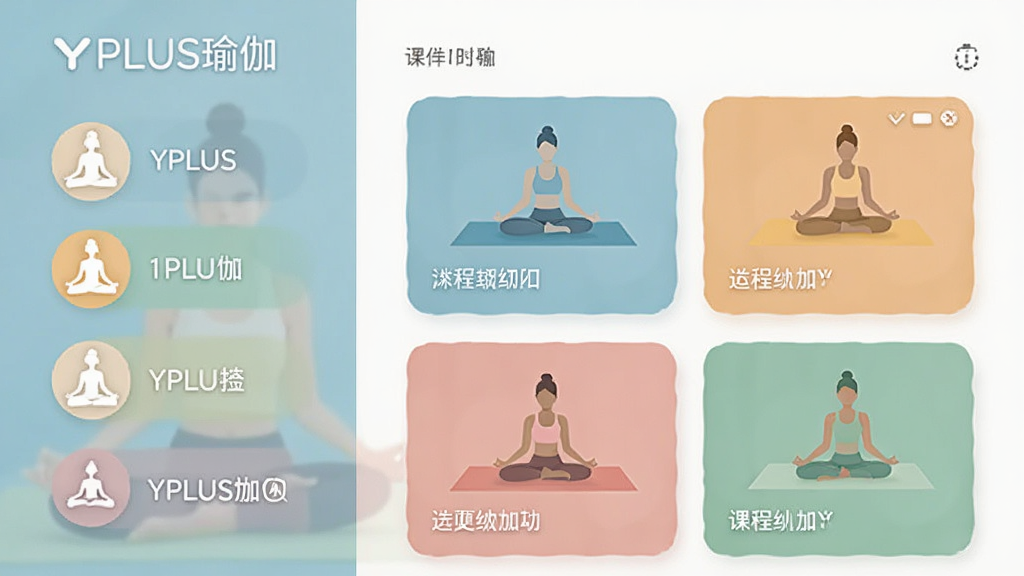 YPLUS瑜伽分级课程界面,左侧显示不同难度级别图标,右侧课程卡片排列整齐,色彩柔和,界面清爽干净,突出软件名称“YPLUS瑜伽”,画质细腻。