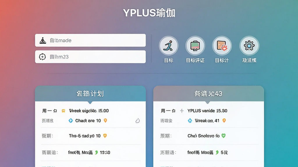 YPLUS瑜伽训练计划生成页面,包含用户身体数据输入框与目标选择图标,背景为渐变色,计划卡片展示每周日程,简洁商务风格,画质干净,突出“YPLUS瑜伽”字样。