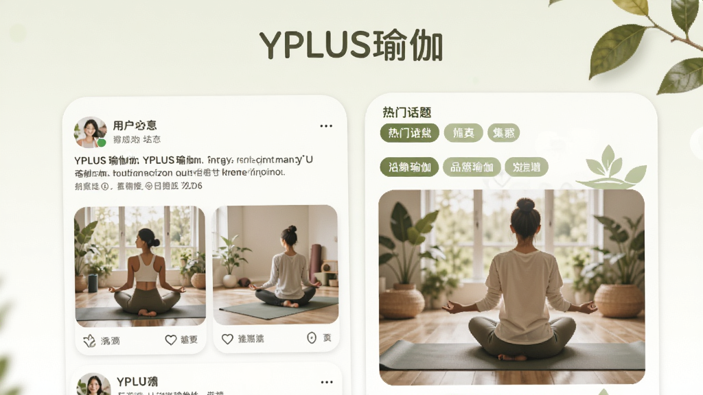 YPLUS瑜伽社区页面,包含用户动态卡片与热门话题标签,配图清新自然,社区氛围温馨,界面圆润流畅,突出“YPLUS瑜伽”名称,画质干净。
