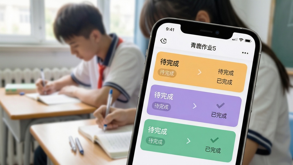 ��д��ͷչʾ����¹��ҵ5���ֻ�App�е���ҵ�б����棬��ͬѧ���Բ�ɫ��Ƭ���֣�������ע������ɡ���������ɡ�״̬�������Ű����룬�����б�ʽ���֣������黯��ѧ����������ǰ������д������ִ���࣬ɫ����ͣ��۽�������������������֣����ʸ��壬��ͼ�ɾ�