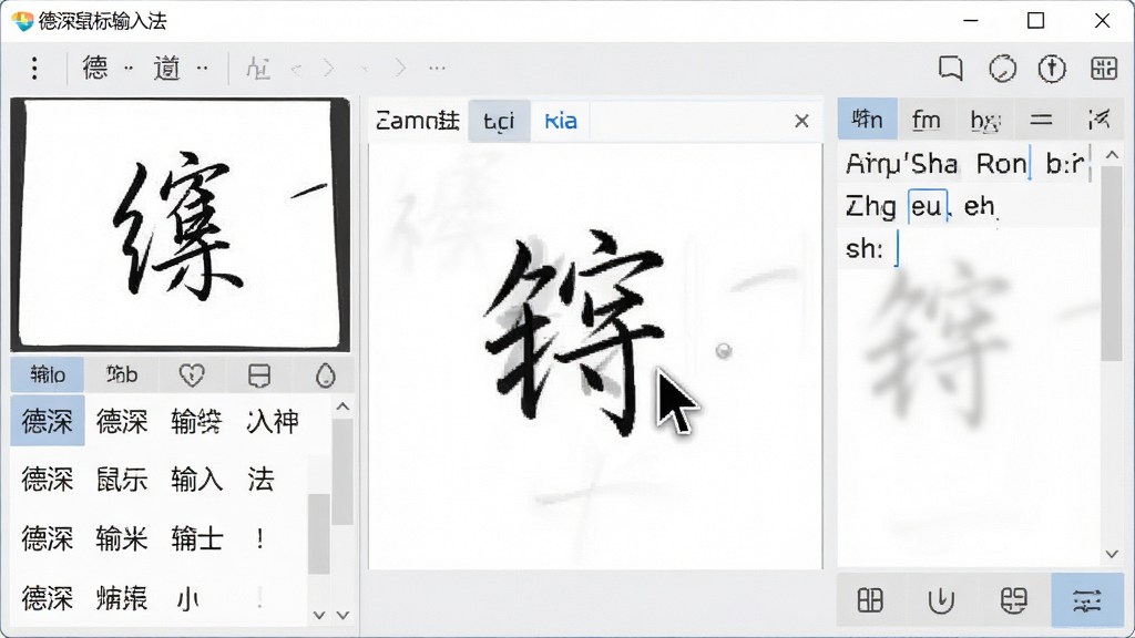 一张展示德深鼠标输入法主界面的高清图片,画面中央是简洁的输入窗口,左侧有手写区域和候选字列表,右侧有拼音输入框,鼠标指针悬停在手写区上方,整体风格清爽明亮,界面布局清晰,标注“德深鼠标输入法”字样,画质干净,无多余元素。