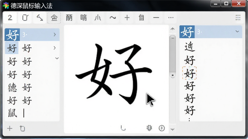 展示用户正在使用鼠标在德深鼠标输入法手写区域书写汉字“好”的场景,界面中清晰显示识别出的候选字列表,手写笔迹流畅,鼠标指针清晰可见,界面布局简洁,突出手写输入功能,标注“德深鼠标输入法”字样,画质干净,无多余元素。