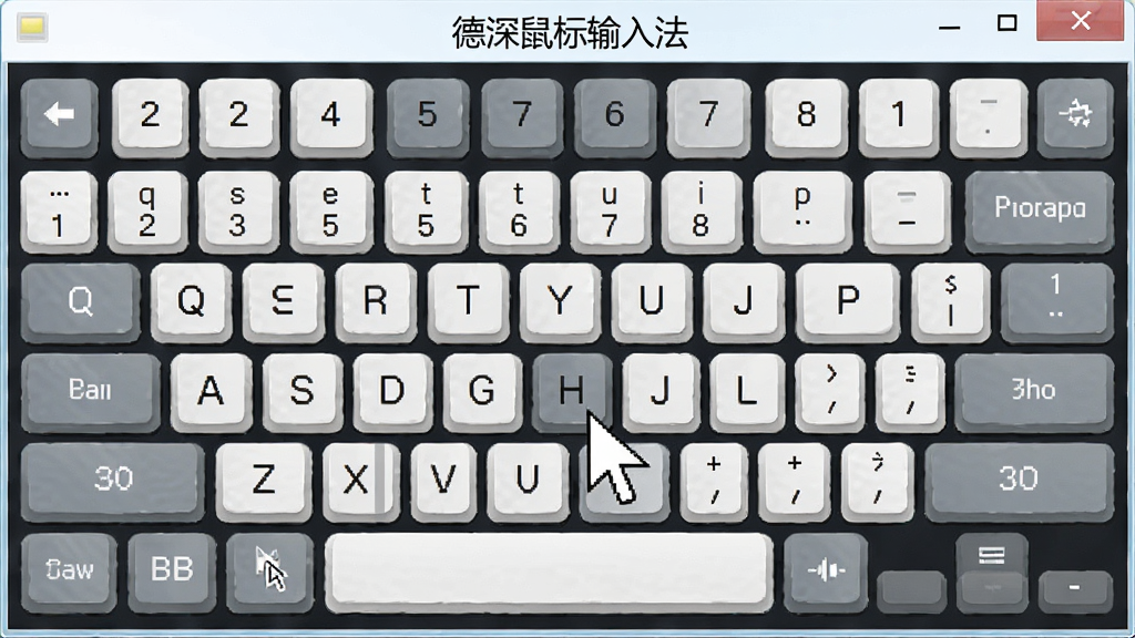 一张德深鼠标输入法虚拟键盘的界面截图,键盘按键清晰,字母排列标准,鼠标指针正在点击某个按键,界面色彩柔和,背景干净,标注“德深鼠标输入法”字样,画质细腻,无多余元素。