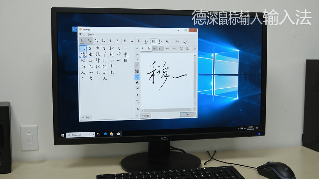 一张展示德深鼠标输入法在Windows电脑上运行的实拍图,屏幕中显示输入法主界面和手写状态,旁边有鼠标,环境整洁,画面清晰,突出软件实际使用效果,标注“德深鼠标输入法”字样,画质干净,无多余元素。