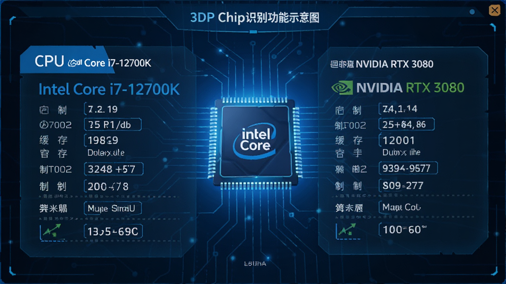 3DP Chip芯片识别功能示意图,界面显示CPU型号Intel Core i7-12700K和显卡NVIDIA RTX 3080的详细参数,包括核心频率、缓存、制程等,布局清晰,数据可视化,科技蓝风格,高画质,无多余元素