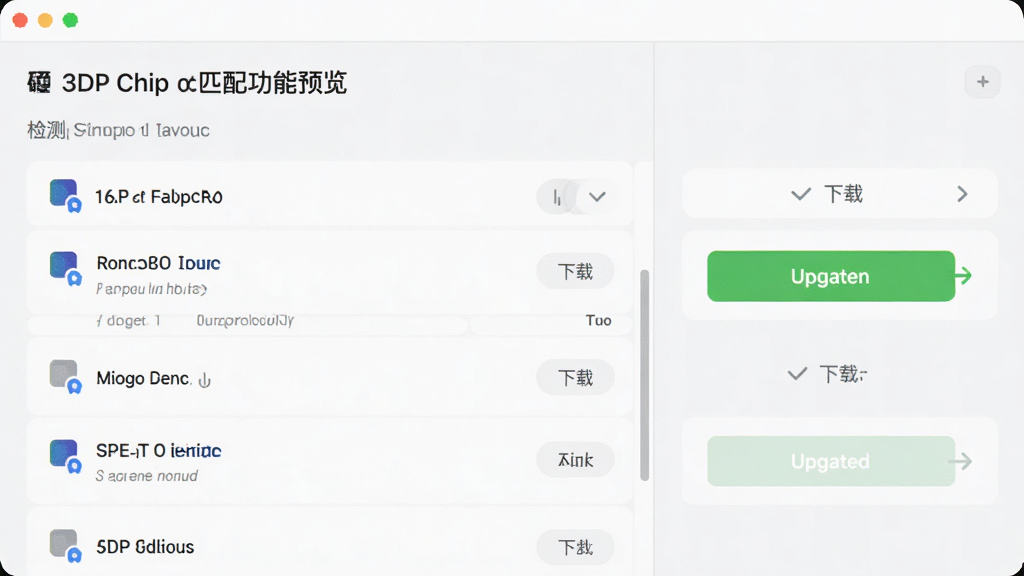 3DP Chip驱动匹配功能预览,界面显示检测到的硬件列表,右侧对应驱动下载按钮,绿色更新提示,简洁下载管理布局,浅色调界面,高画质,无多余元素