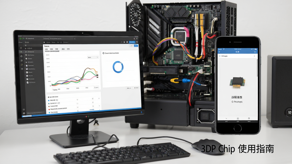 3DP Chip使用指南插图,展示软件运行界面和远程连接手机画面,背景为电脑硬件,风格写实,高画质,无多余元素