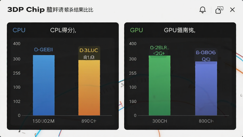 3DP Chip性能评估结果截图,显示CPU得分和GPU帧率,配备柱状图对比,界面清爽,成绩突出显示,现代化仪表盘风格,高画质,无多余元素