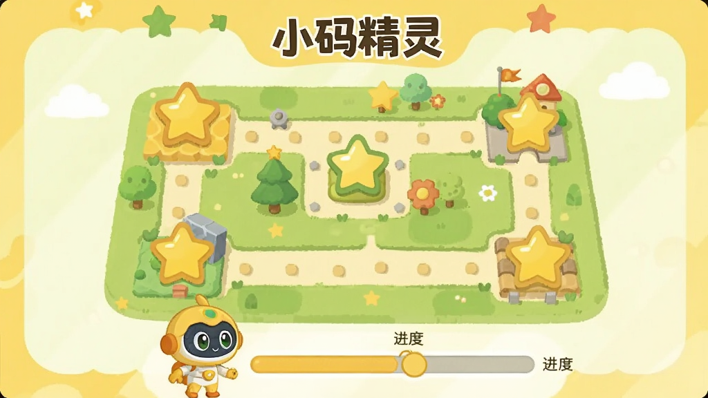小码精灵趣味闯关课程页面,主体为卡通风格的地图关卡,每个关卡以星星标识,底部有角色形象和进度条,布局活泼,色彩丰富以暖黄色和淡绿色为主,扁平化插画风格,画质清晰干净,无多余元素,图片中文字显示“小码精灵”