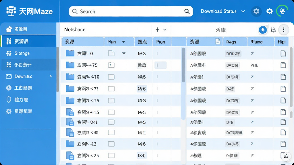 一张展示天网Maze主界面全貌的预览图,界面布局清晰,左侧为资源分类导航,右侧为文件列表,顶部有搜索框与下载状态栏,整体风格简洁明快,采用蓝白配色,画质干净,无多余元素