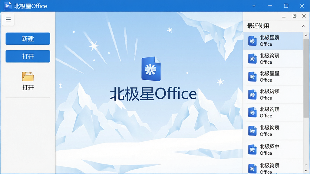 一张展示北极星Office主界面全貌的图片,画面中央是简洁的欢迎页,左侧有“新建”、“打开”等按钮,右侧展示最近使用的文档列表。整体采用蓝白配色,风格现代清爽。布局规整,排版清晰。细节上突出软件的图标和“北极星Office”字样。画质高清干净,无多余元素。