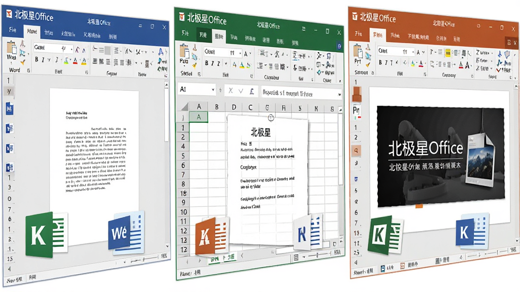 一张展示北极星Office同时打开多个不同格式文件(Word文档、Excel表格、PPT演示文稿)的窗口排列预览图。每个窗口清晰显示“北极星Office”的标签和文档缩略图。布局为三窗口并排,风格专业整洁。细节突出格式兼容标识,画质高清。