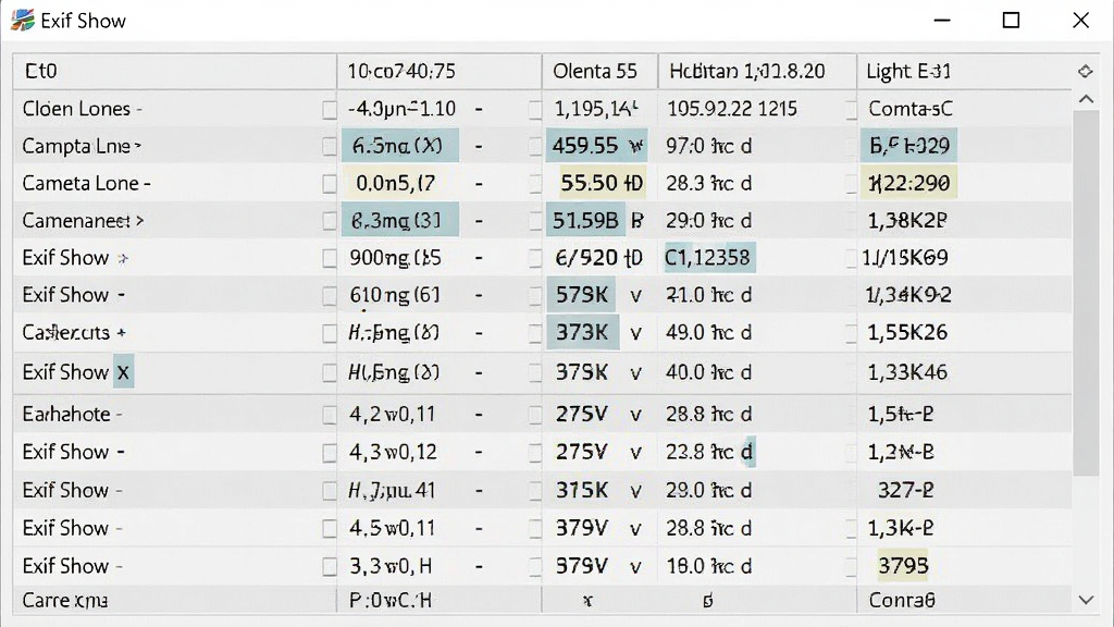 Exif Show软件运行截图,展示相机镜头型号、焦距、光圈等详细参数的列表界面,表格样式清晰,高亮显示关键数据,背景为浅灰色,软件名称