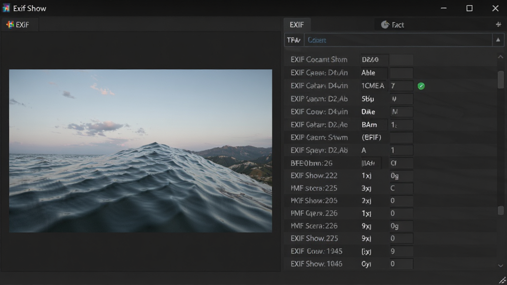 Exif Show软件主界面截图,左侧为图片预览区,右侧为EXIF信息列表,界面采用深色主题,布局简洁清晰,文字标注