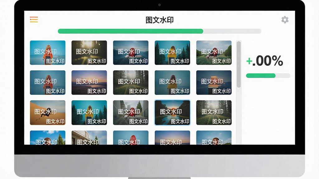 主体:电脑屏幕显示“图文水印”软件批量处理进度条,多张图片缩略图排列,部分已打上水印。布局:网格状缩略图列表,右侧有进度百分比。排版:缩略图整齐排列,进度条清晰。风格:扁平化UI风格,色彩明亮。细节:每张图片右下角带有半透明“图文水印”字样。画质:清晰锐利,干净,无多余元素。