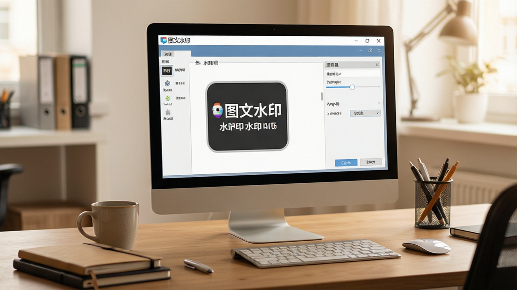 主体:一张办公桌场景,电脑上运行“图文水印”软件,旁边放着一杯咖啡和几本笔记本。布局:电脑屏幕位于画面中央,周围有办公用品。排版:自然随意,突出软件界面。风格:写实摄影风格,暖色调。细节:屏幕上显示水印设置面板,有透明度滑条。画质:高分辨率,干净,无多余元素。