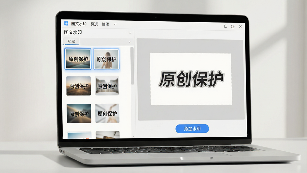 主体:一台打开的笔记本电脑屏幕显示“图文水印”软件主界面,界面左侧为图片列表,右侧为水印预览区,底部有“添加水印”按钮。布局:左右分栏式布局,上方为菜单栏,整体干净整齐。排版:界面元素排列有序,文字标签清晰。风格:写实3D渲染风格,光影自然。细节:屏幕上隐约可见多张带水印的图片缩略图,水印文字为“原创保护”。画质:高清细腻,干净,无多余元素。