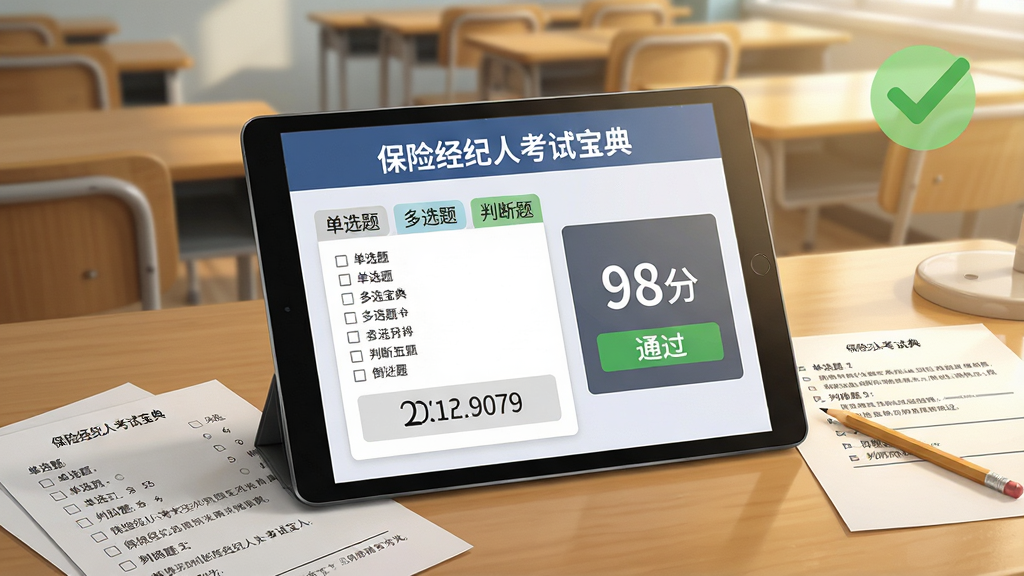 主体:一台平板电脑横屏显示“保险经纪人考试宝典”模拟考试界面,包含答题卡与倒计时,旁边有纸质试卷与铅笔。布局:平板位于画面中央,试卷散落于左下角,右上角有绿色对勾图标。排版:界面文字清晰可见,包括“单选题”“多选题”“判断题”标签。风格:写实插画风格,考场书桌场景,暖色调灯光。细节:平板屏幕中显示分数“98分”与“通过”字样,背景有模糊的考场座位。画质:超清细节,柔和自然光,画面干净无杂物。
