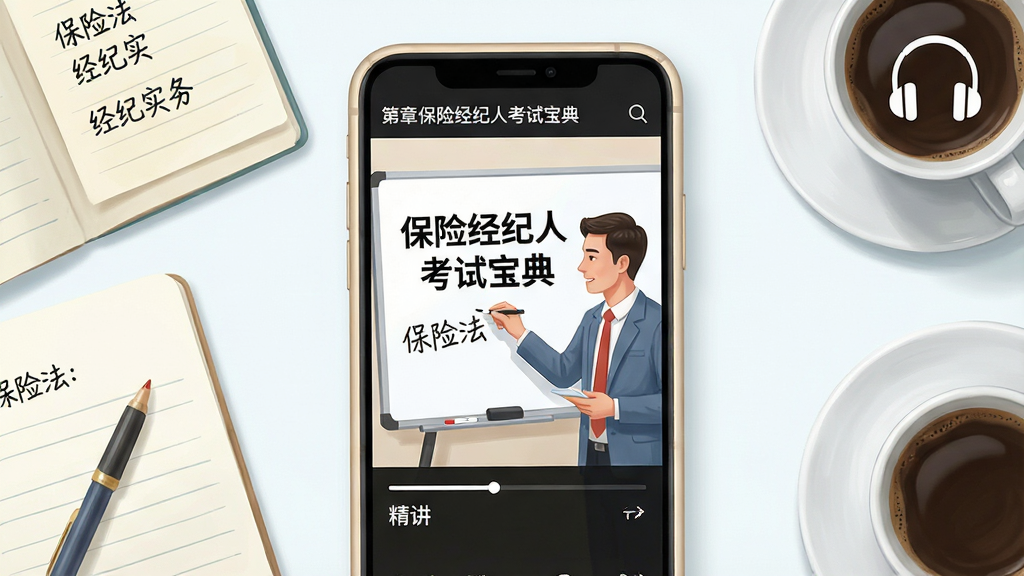 主体:手机屏幕播放教学视频,画面中讲师正在白板上写“保险经纪人考试宝典”知识点,下方有进度条与“精讲”标签。布局:手机位于画面中央,四周散落笔记与咖啡杯,右上角有耳机图标。排版:视频界面简洁,白板文字清晰,手机顶部显示课程章节名。风格:半写实插画,办公桌面俯视视角,色调清新。细节:白板上有“保险法”“经纪实务”等字样,手机外壳为浅金色。画质:细腻渲染,明亮通透,无阴影干扰。