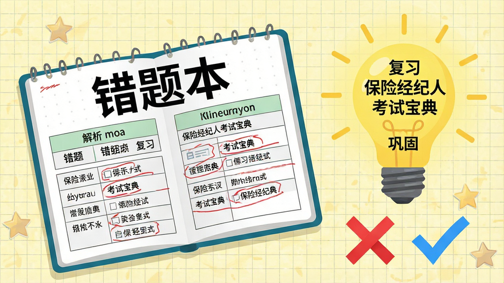 主体:一本打开的笔记本上写着“错题本”三个字,旁边是一个发光的灯泡,灯泡内部有“保险经纪人考试宝典”的小字。布局:笔记本位于画面中央偏左,灯泡悬浮于右侧,下方有红色叉号与蓝色对勾。排版:笔记本页面以表格形式展示错题与解析,标题醒目。风格:扁平化教育风格,背景为浅黄色网格纸纹理。细节:灯泡光芒中带有“复习”“巩固”字样,笔记本上可见红色笔迹订正。画质:高清晰度,色彩明快,无多余装饰。