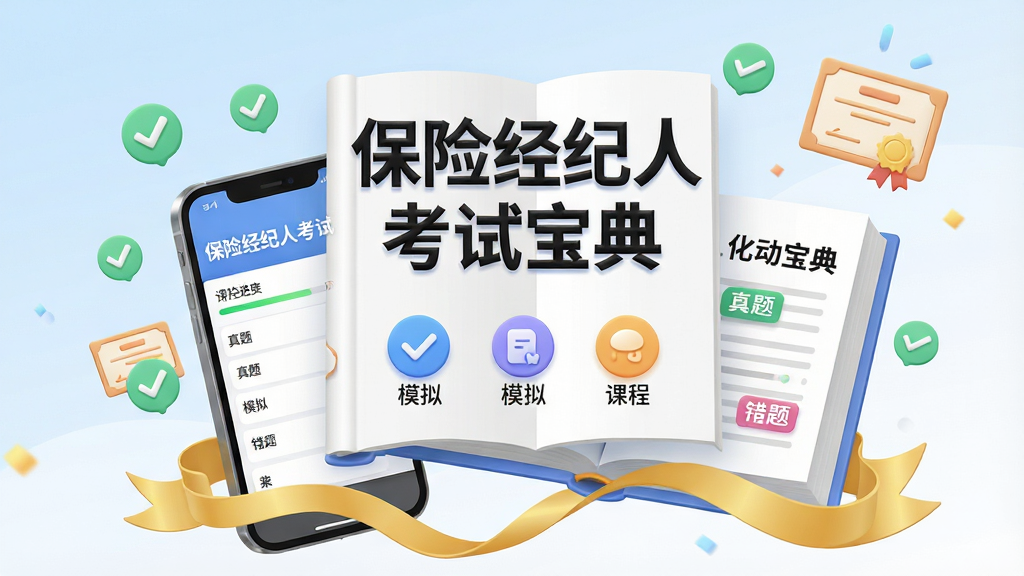 主体:一本打开的电子书与手机屏幕叠加,屏幕中显示“保险经纪人考试宝典”字样及题库列表界面,周围漂浮着对勾图标和证书图案。布局:主体居中,左侧为手机设备,右侧为书本,底部有金色飘带。排版:书名与软件名作为视觉焦点置于画面中央上方,下方排列课程分类图标。风格:现代扁平插画结合轻微3D质感,背景为浅蓝到白色的渐变。细节:书页上印有“真题”“模拟”“错题”小标签,手机屏幕里可见进度条与分数。画质:高清渲染,干净明亮,无多余元素。