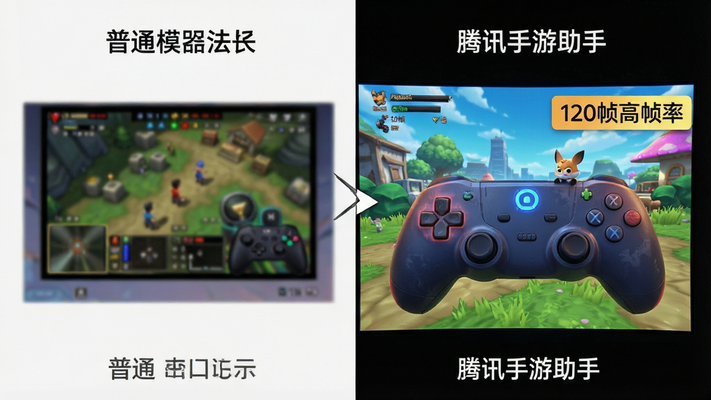一张游戏对比示意图,左侧为普通模拟器运行画面略显模糊,右侧为“腾讯手游助手”运行画面,色彩鲜艳、细节锐利,并配有“120帧高帧率”字样标签,布局为左右对比式,风格简洁明了,画质清晰干净,无多余元素