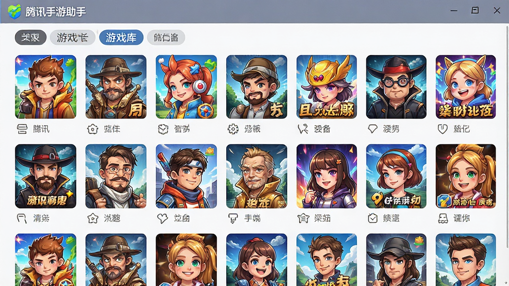 一张“腾讯手游助手”游戏库界面截图,界面采用瀑布流布局,展示众多游戏封面图标,分类标签清晰,风格活泼,色彩丰富,画质高清,无多余元素