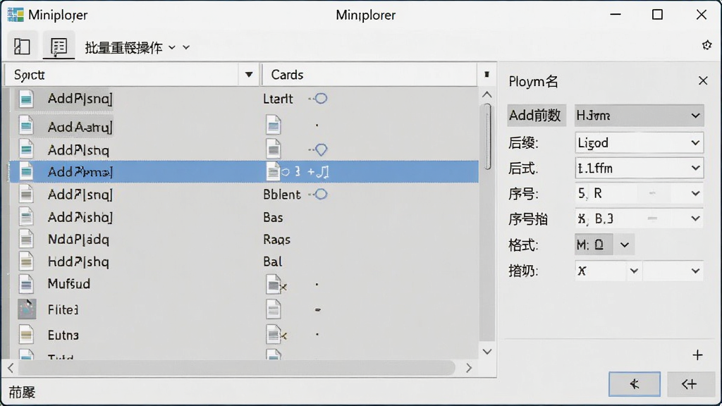 展示批量重命名操作界面,Miniplorer软件窗口居中,文件列表选中多个文件,右侧弹出重命名选项面板,包含添加前缀、后缀、序号格式等选项,界面简洁,浅色调,细节清楚,无多余元素。