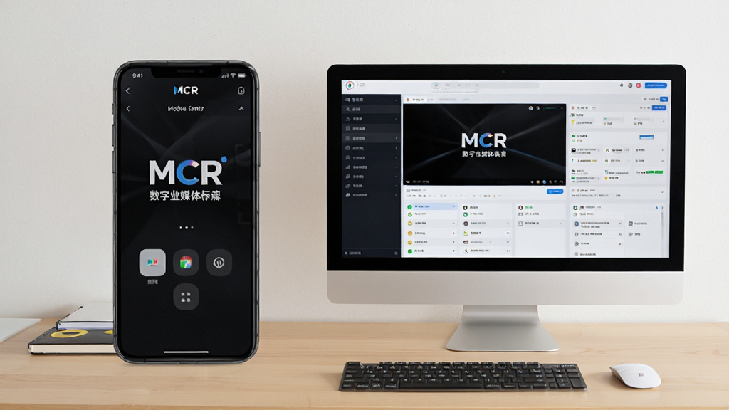主体为一部智能手机和一台电脑并排放置在办公桌上,手机屏幕显示MCR数字媒体标牌的移动端控制界面,电脑屏幕显示软件主界面。布局为左右对称,浅色木纹桌面背景。排版清晰,风格为生活化场景照片,光线充足,画质高清,无多余元素。