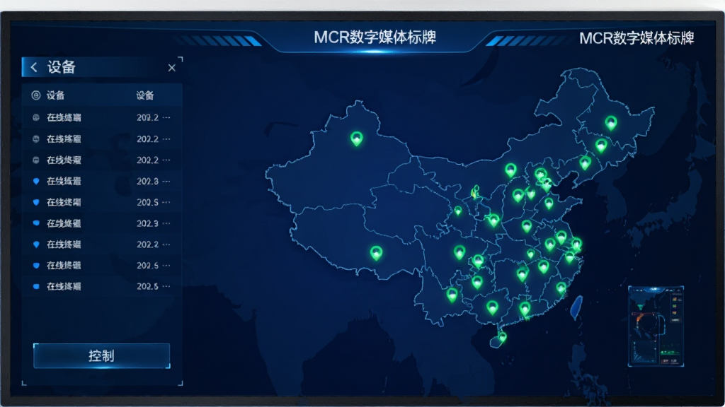 主体为一张世界地图或中国地图的电子大屏展示画面,地图上有多个闪烁的绿色定位点代表在线终端,左侧有设备列表和控制按钮,右上角标注